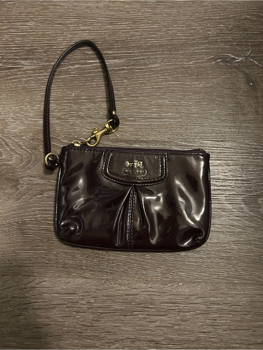Coach Patent Wristlet in Dark Purple with Gold Hardware Accent